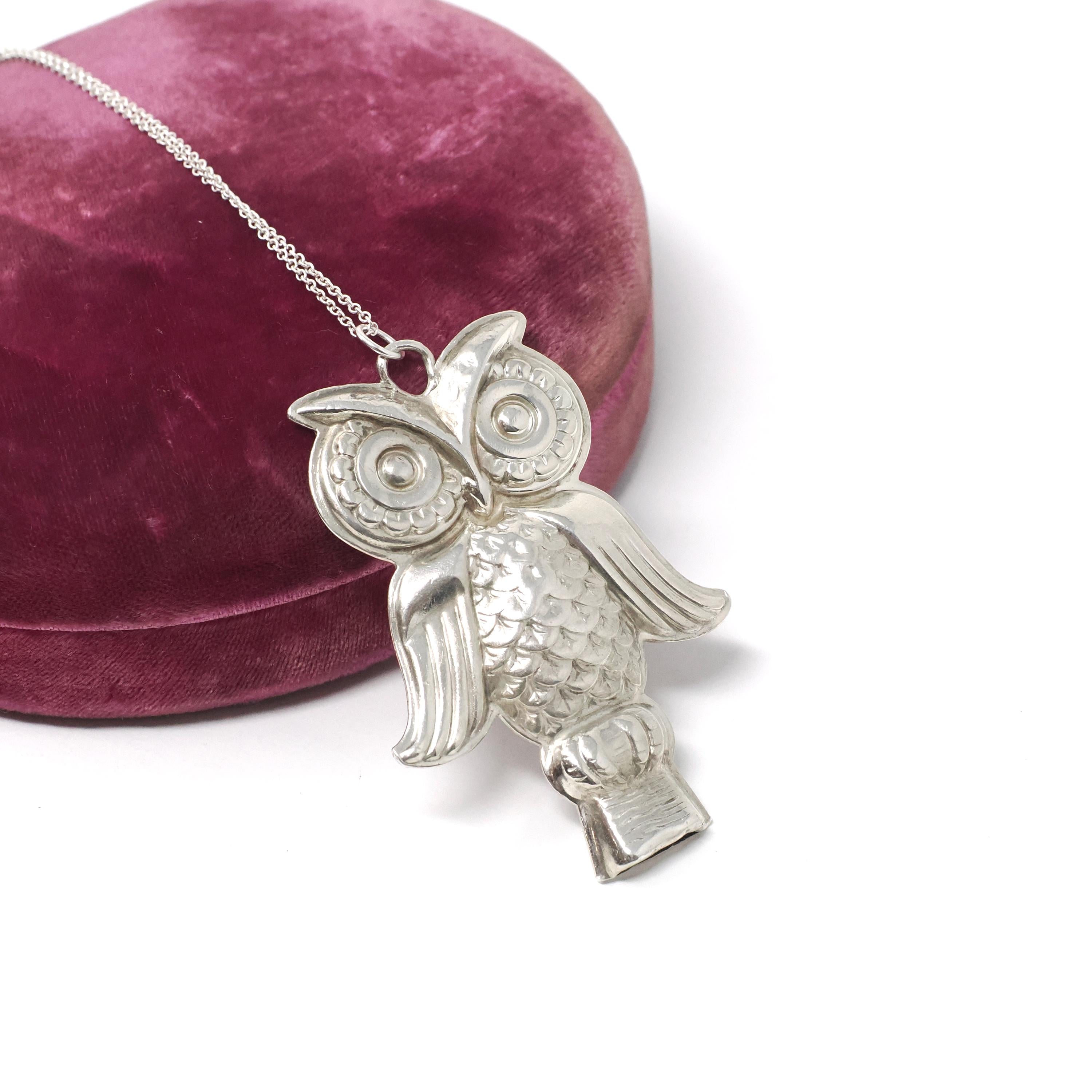 Owl Whistle Necklace - Retro Sterling Silver Figural Engraved Pendant Charm - Circa 1970s Era Wildlife Bird Signed Reed & Barton Jewelry