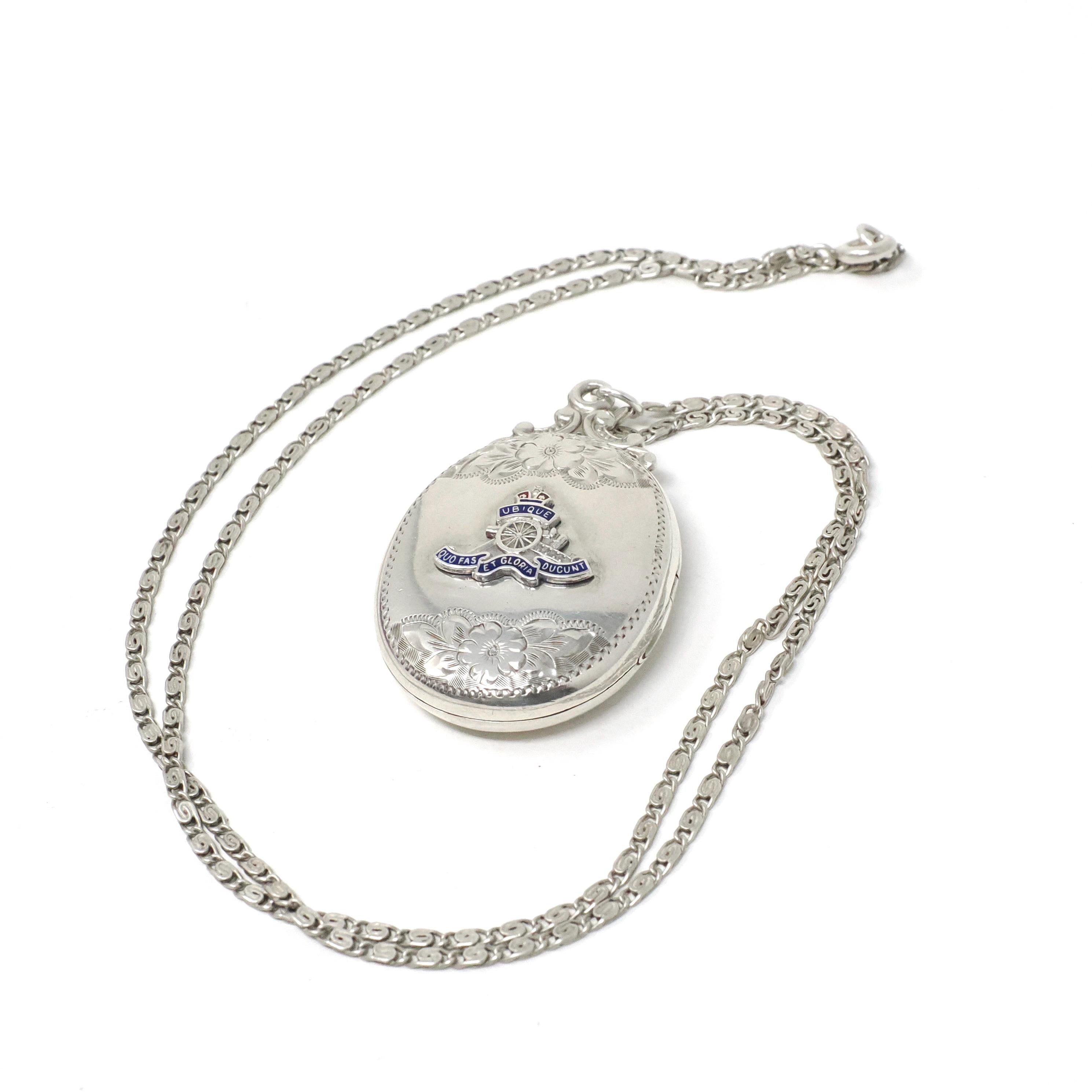 Silver Canadian Artillery Locket - Antique Sterling Engraved "AD" Enamel Emblem Pendant Necklace - Edwardian Keepsake Signed Birks Jewelry