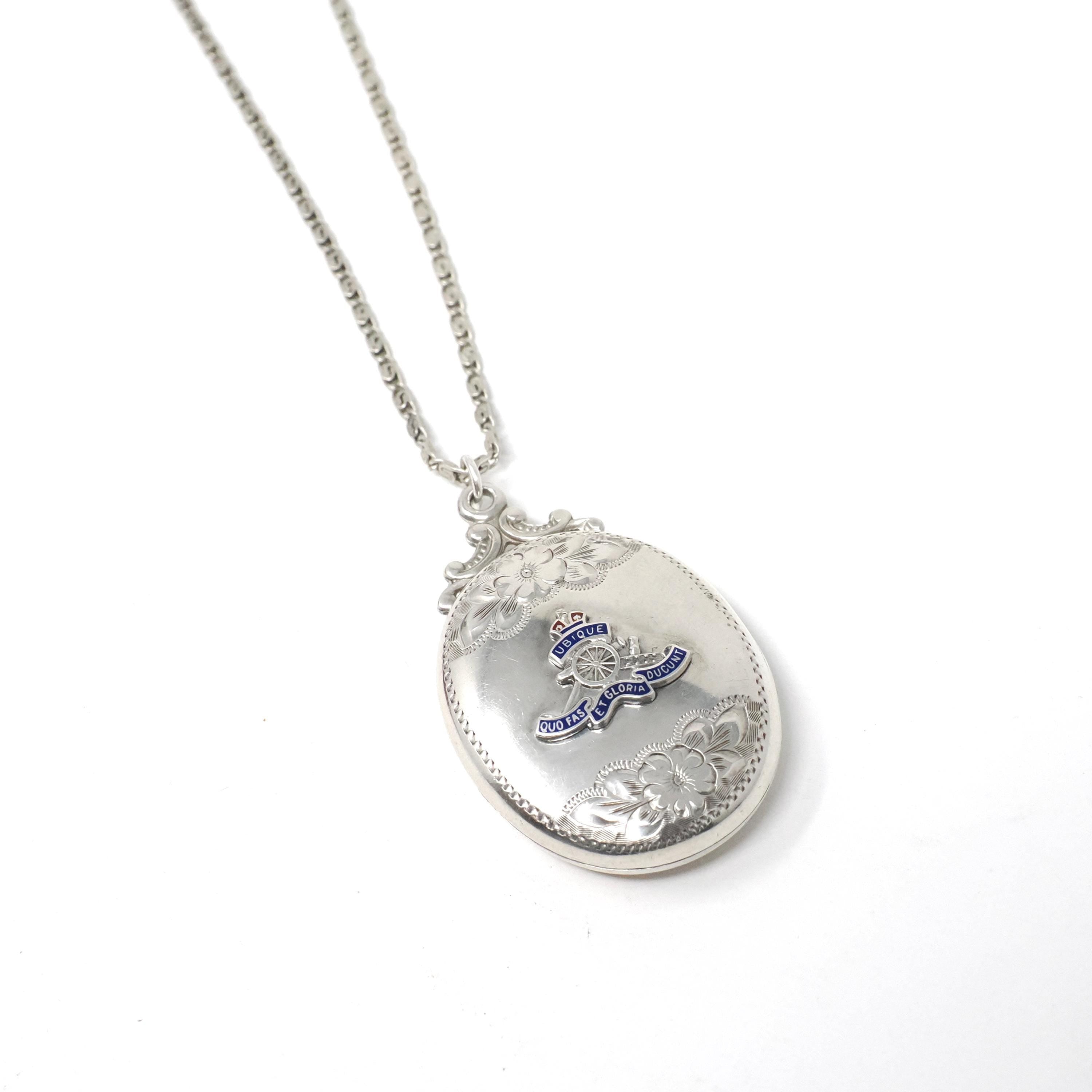 Silver Canadian Artillery Locket - Antique Sterling Engraved "AD" Enamel Emblem Pendant Necklace - Edwardian Keepsake Signed Birks Jewelry