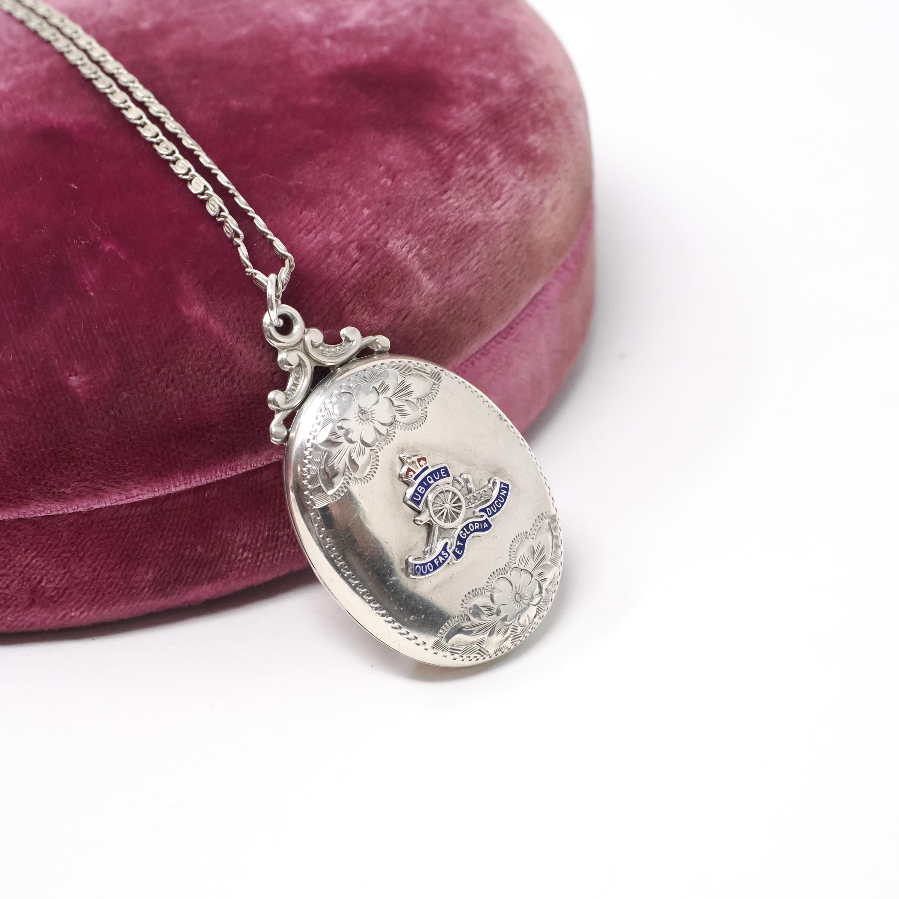 Silver Canadian Artillery Locket - Antique Sterling Engraved "AD" Enamel Emblem Pendant Necklace - Edwardian Keepsake Signed Birks Jewelry