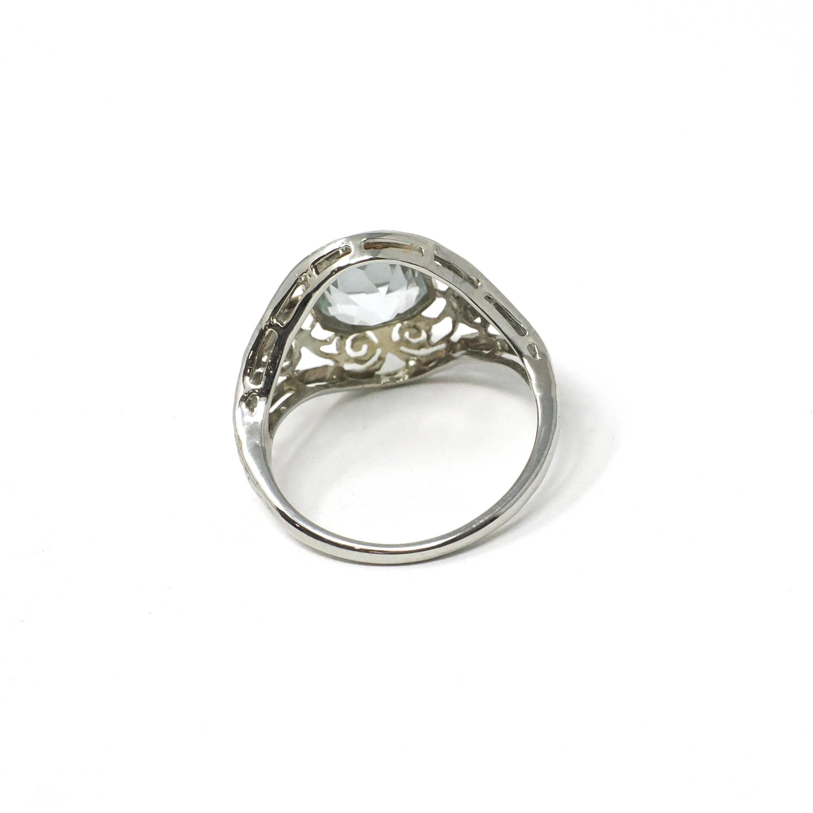 Art Deco Aquamarine Ring - Vintage 18k White Gold Handmade Natural Blue Gemstone - Circa 1930s Era Size 4 1/4 Filigree Diamond Fine Jewelry