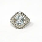 Art Deco Aquamarine Ring - Vintage 18k White Gold Handmade Natural Blue Gemstone - Circa 1930s Era Size 4 1/4 Filigree Diamond Fine Jewelry