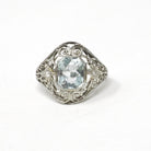 Art Deco Aquamarine Ring - Vintage 18k White Gold Handmade Natural Blue Gemstone - Circa 1930s Era Size 4 1/4 Filigree Diamond Fine Jewelry