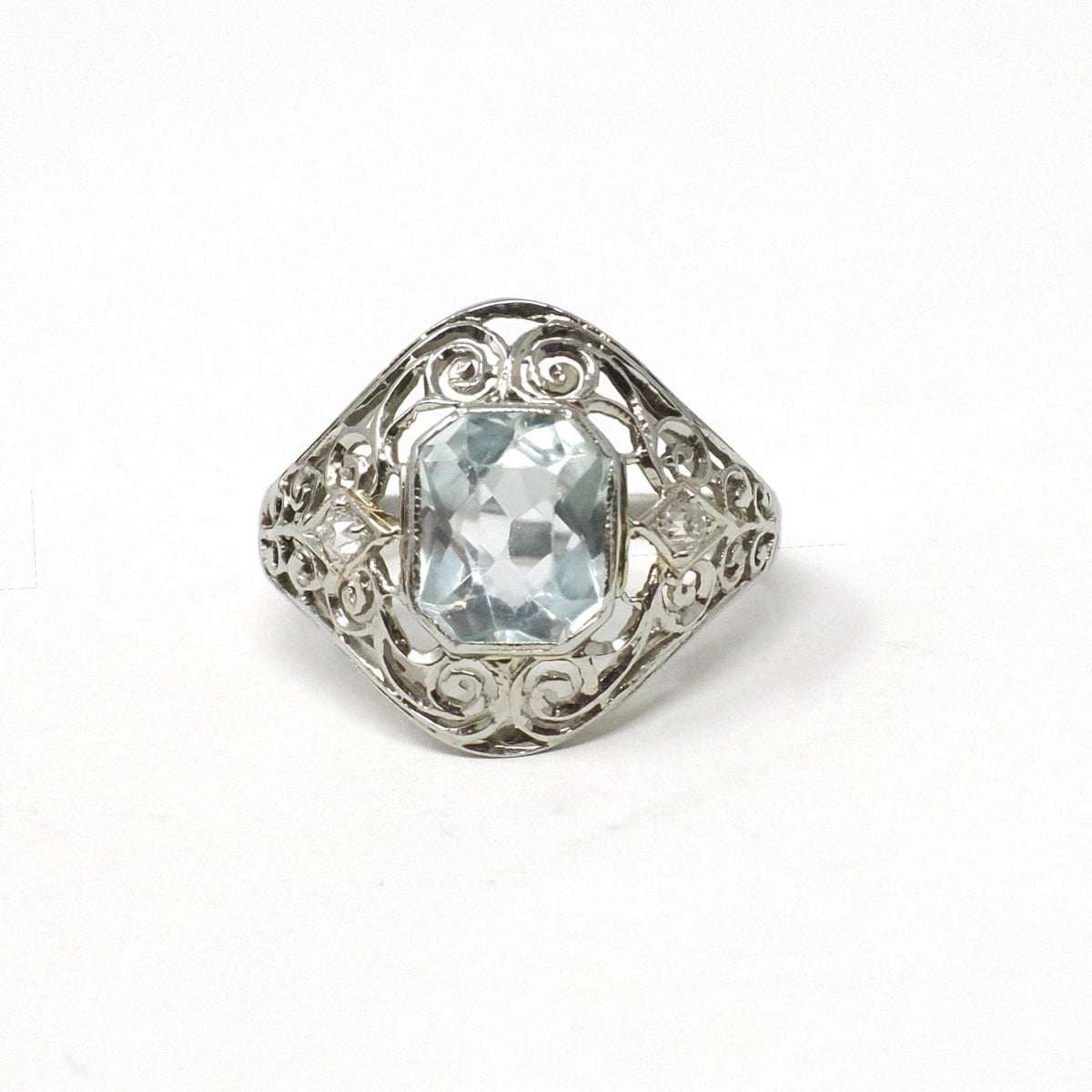 Art Deco Aquamarine Ring - Vintage 18k White Gold Handmade Natural Blue Gemstone - Circa 1930s Era Size 4 1/4 Filigree Diamond Fine Jewelry