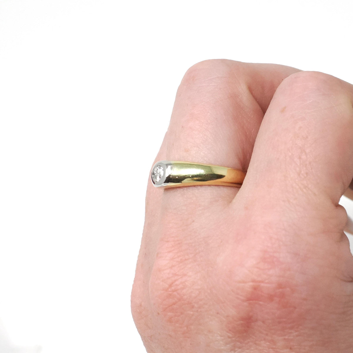 Flush Set Diamond Ring - Modern 18k Yellow Gold Platinum Two Tone .26 CT Natural Oval Unisex Engagement - Estate Size 6 Bridal Fine Jewelry