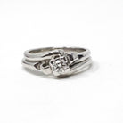 Vintage Wedding Ring Set - Mid Century 14k White Gold Illusion Diamond Engagement & Wedding Band - Circa 1950s Era Size 6 1/2 Fine Jewelry