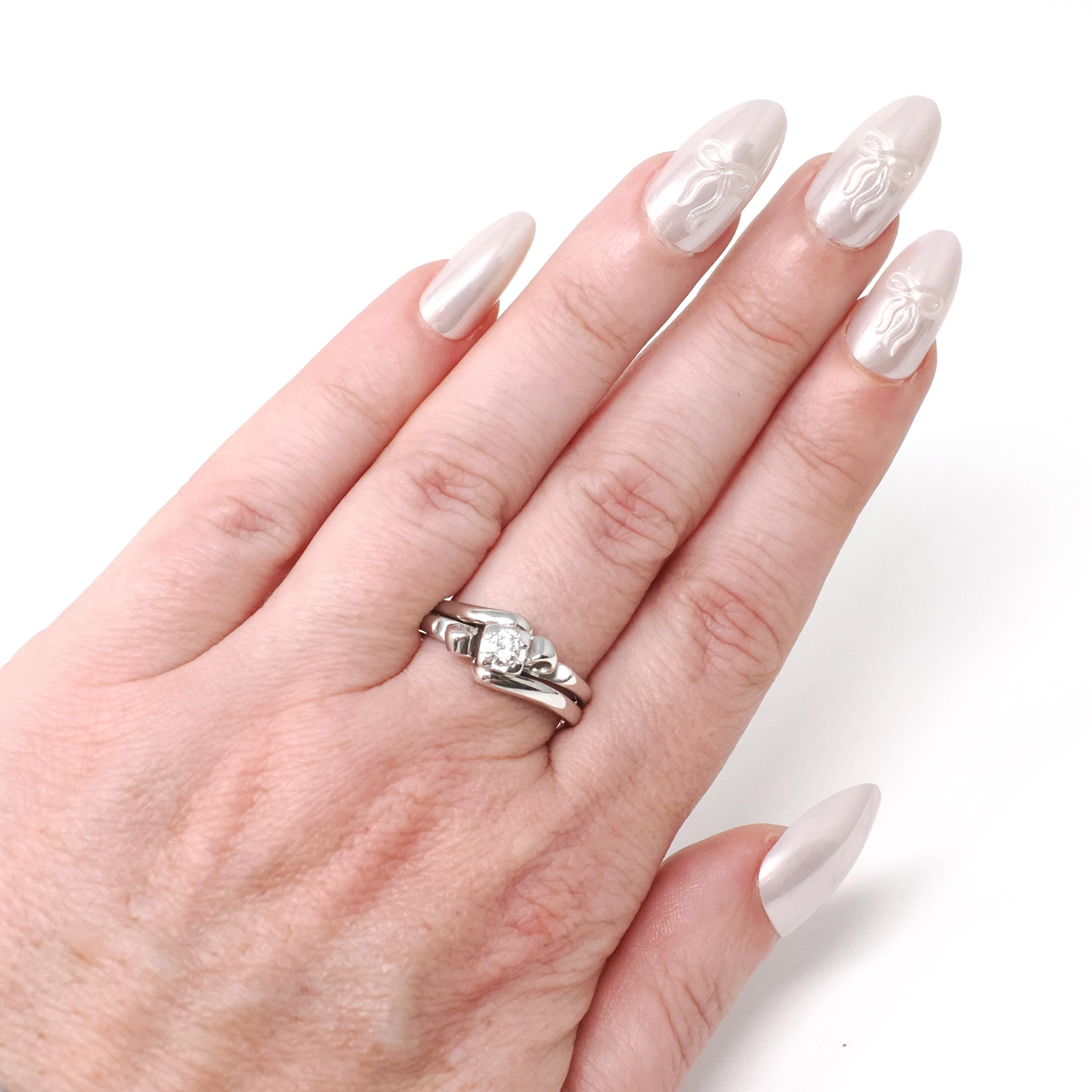 Vintage Wedding Ring Set - Mid Century 14k White Gold Illusion Diamond Engagement & Wedding Band - Circa 1950s Era Size 6 1/2 Fine Jewelry