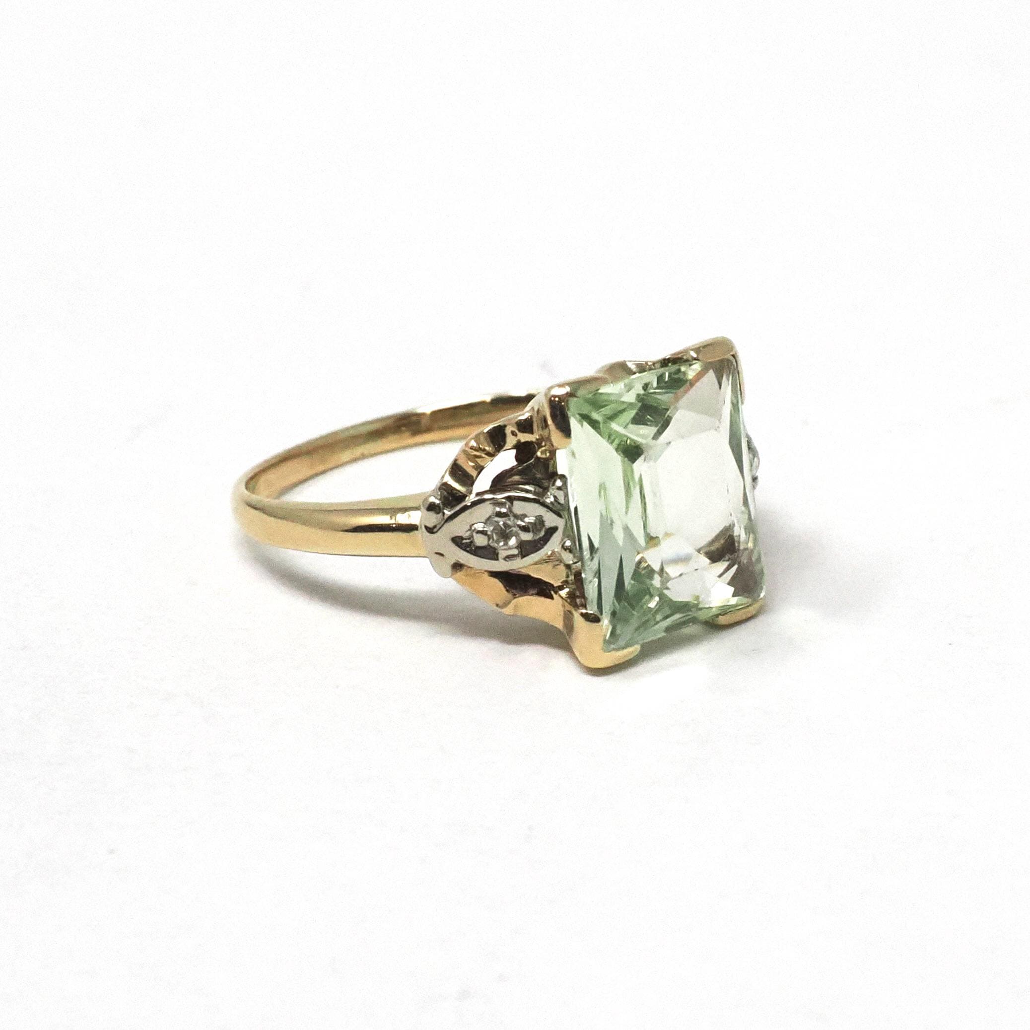 Uranium Glass Ring - Mid Century 10k Yellow White Gold Diamond Accents - Vintage Circa 1940s Size 6 Fluorescent Green Vaseline Fine Jewelry