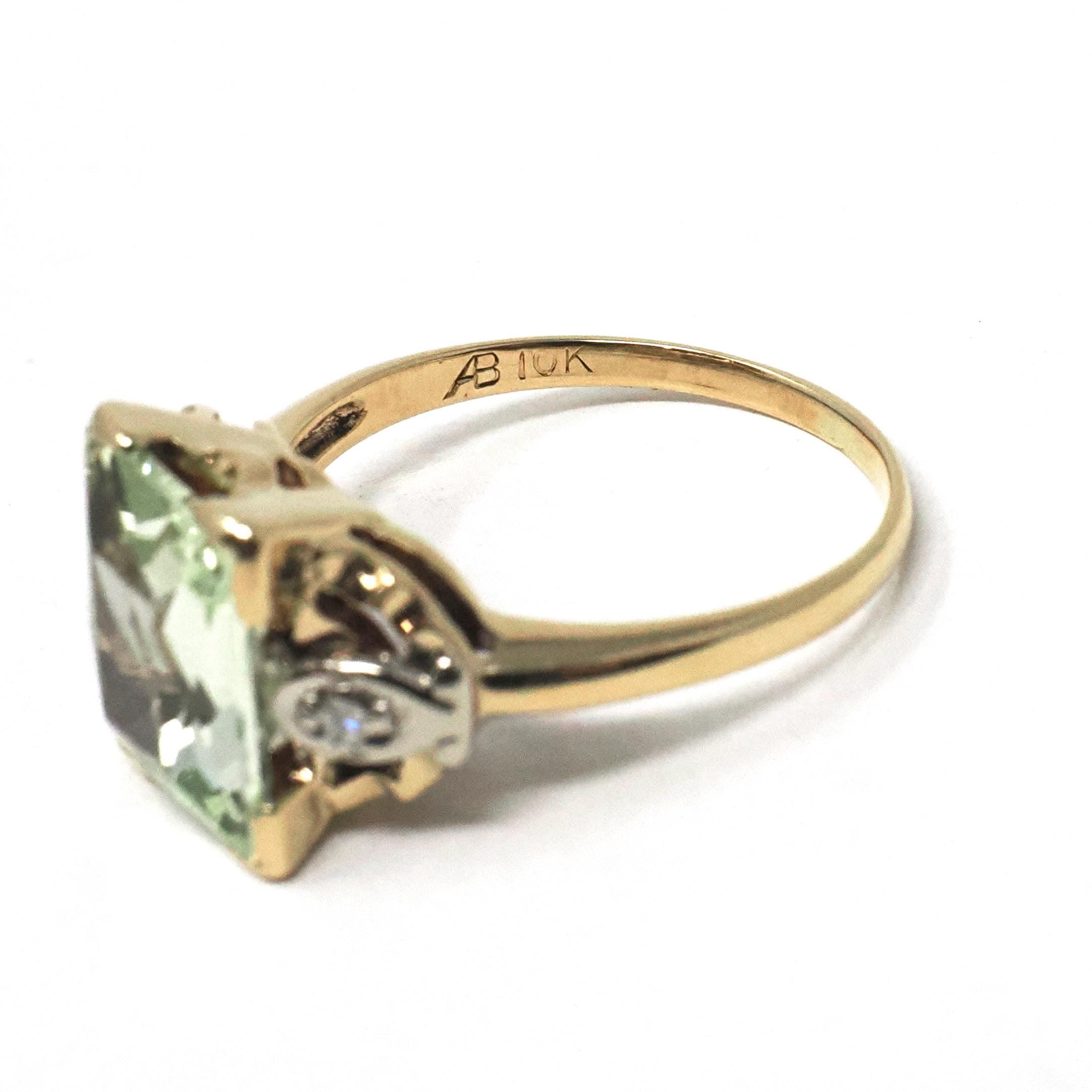 Uranium Glass Ring - Mid Century 10k Yellow White Gold Diamond Accents - Vintage Circa 1940s Size 6 Fluorescent Green Vaseline Fine Jewelry