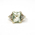 Uranium Glass Ring - Mid Century 10k Yellow White Gold Diamond Accents - Vintage Circa 1940s Size 6 Fluorescent Green Vaseline Fine Jewelry