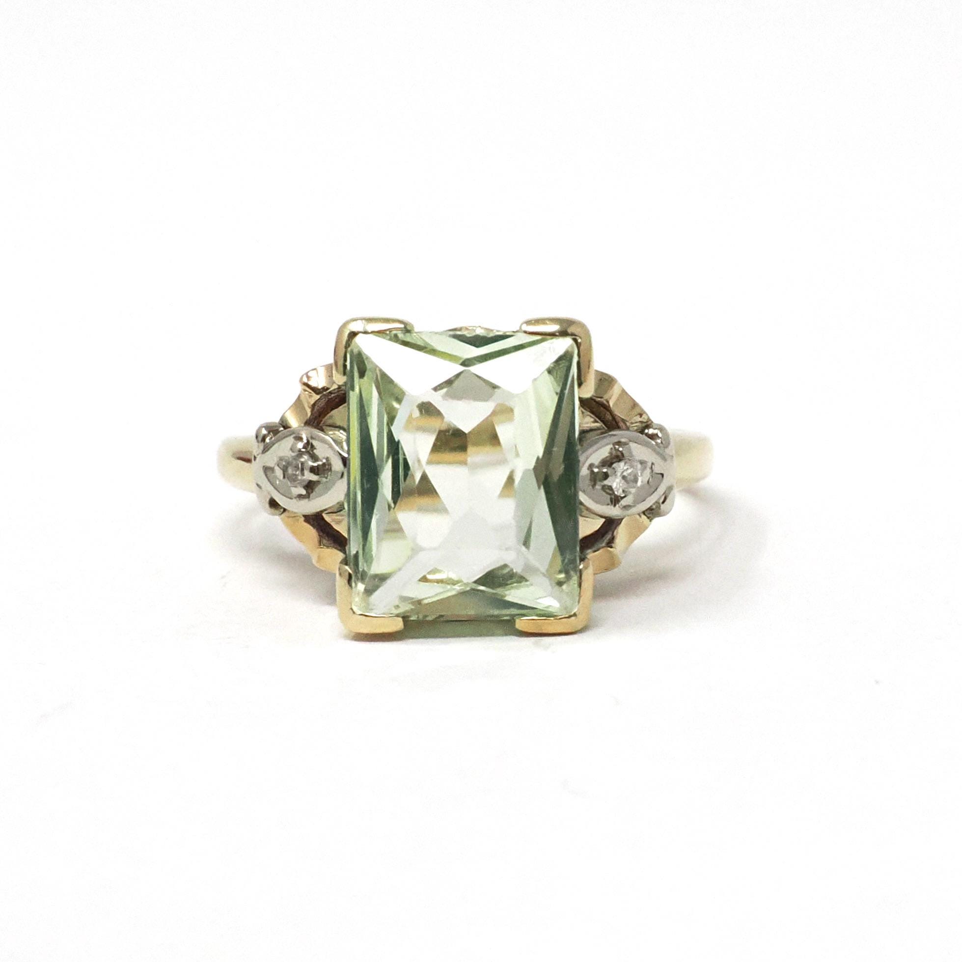Uranium Glass Ring - Mid Century 10k Yellow White Gold Diamond Accents - Vintage Circa 1940s Size 6 Fluorescent Green Vaseline Fine Jewelry
