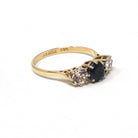 Vintage Three Stone Ring - Retro 9k Yellow Gold Created Blue Sapphire White Spinel Band - Hallmarked 1974 Size 6 3/4 Engagement Fine Jewelry
