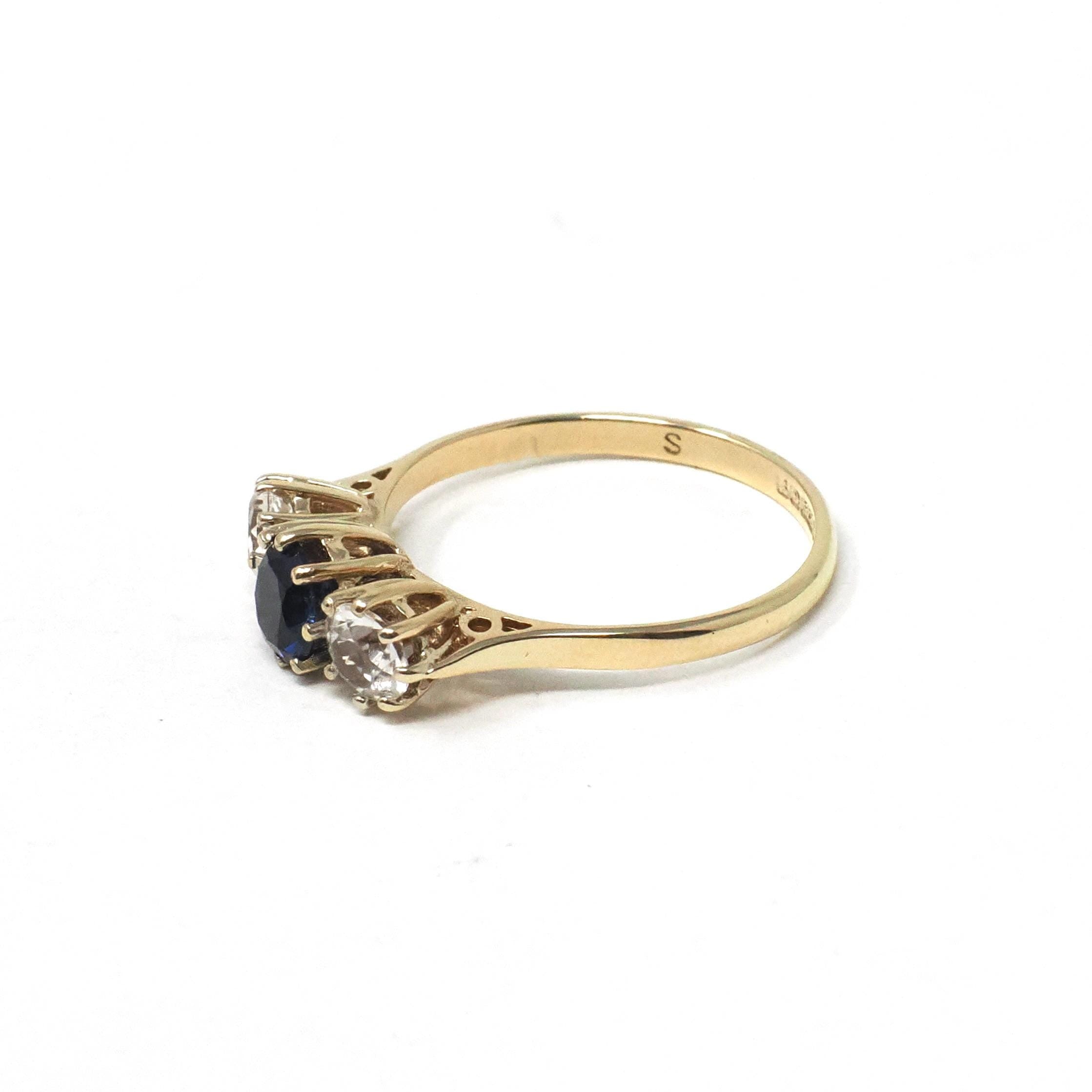 Vintage Three Stone Ring - Retro 9k Yellow Gold Created Blue Sapphire White Spinel Band - Hallmarked 1974 Size 6 3/4 Engagement Fine Jewelry