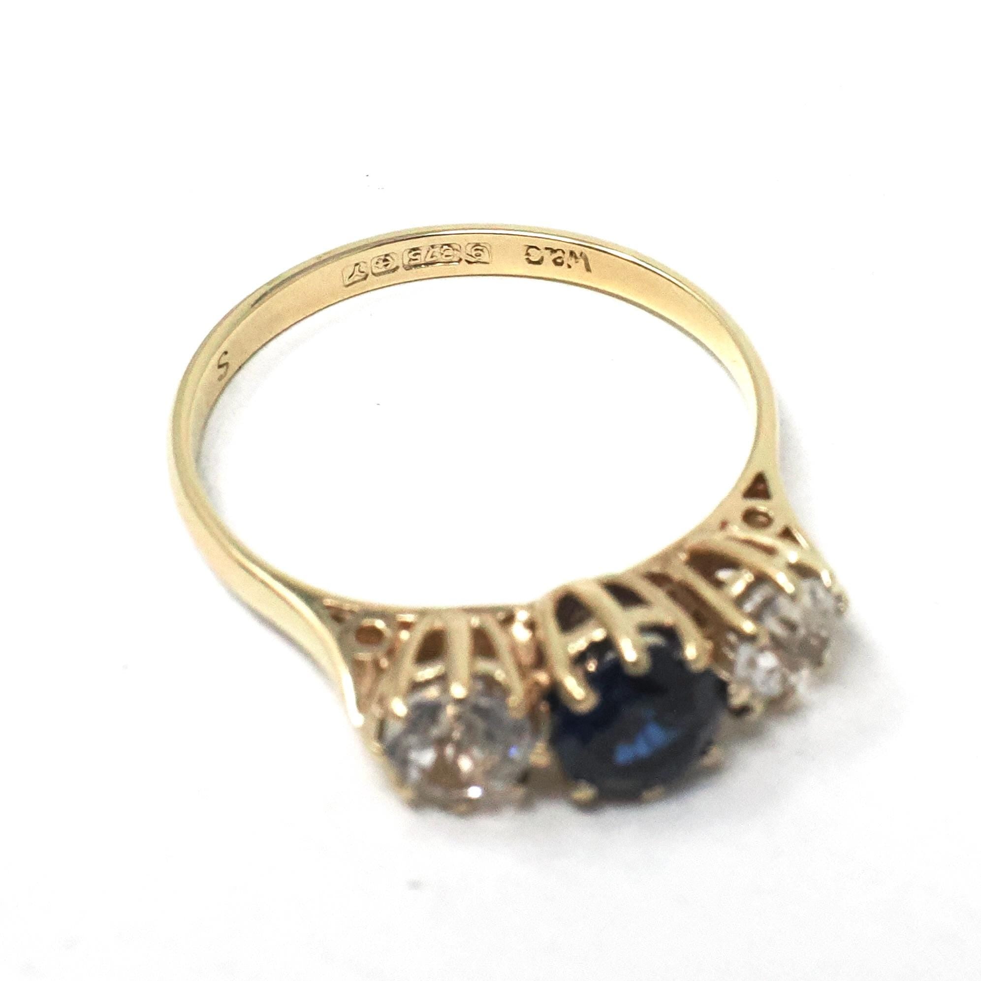 Vintage Three Stone Ring - Retro 9k Yellow Gold Created Blue Sapphire White Spinel Band - Hallmarked 1974 Size 6 3/4 Engagement Fine Jewelry