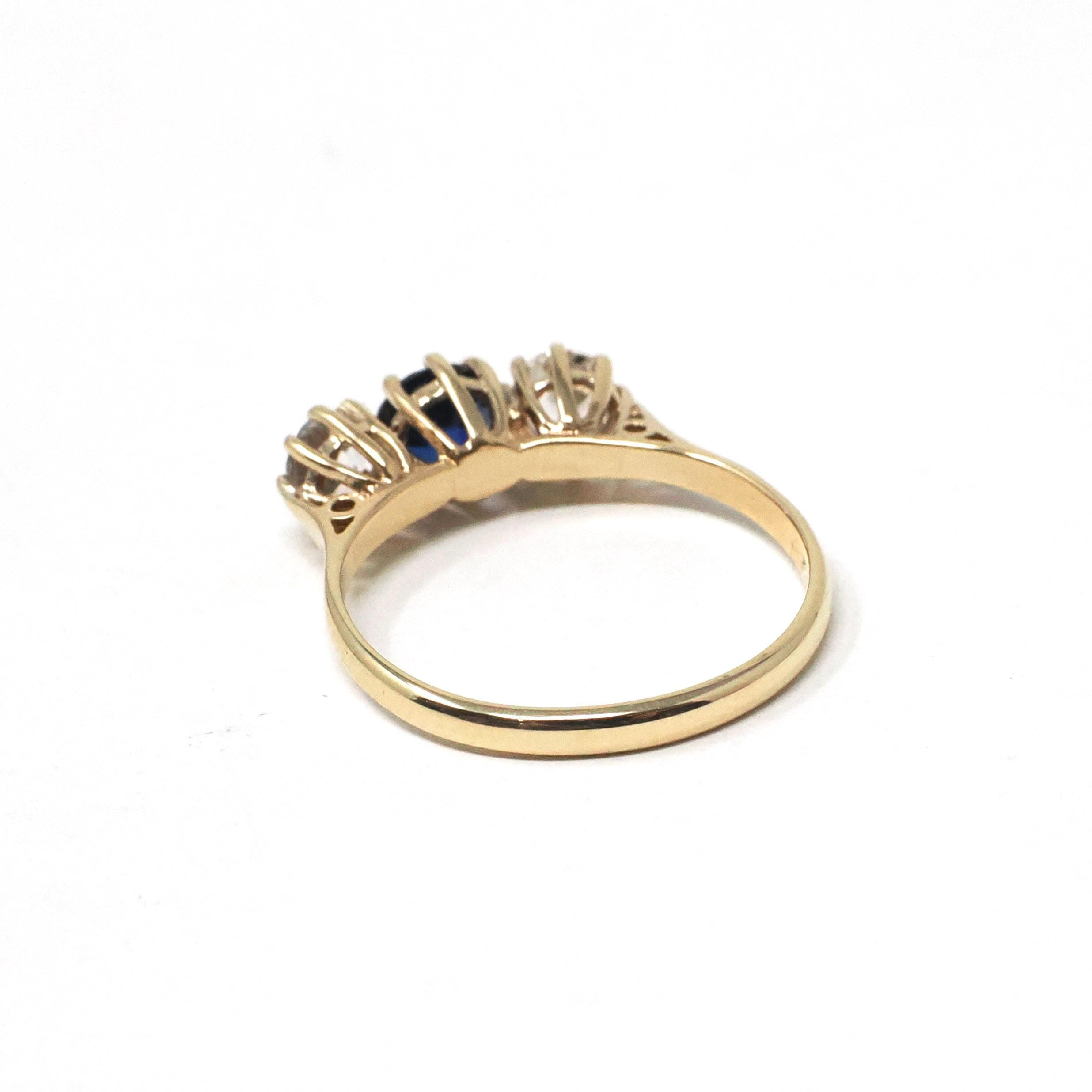 Vintage Three Stone Ring - Retro 9k Yellow Gold Created Blue Sapphire White Spinel Band - Hallmarked 1974 Size 6 3/4 Engagement Fine Jewelry