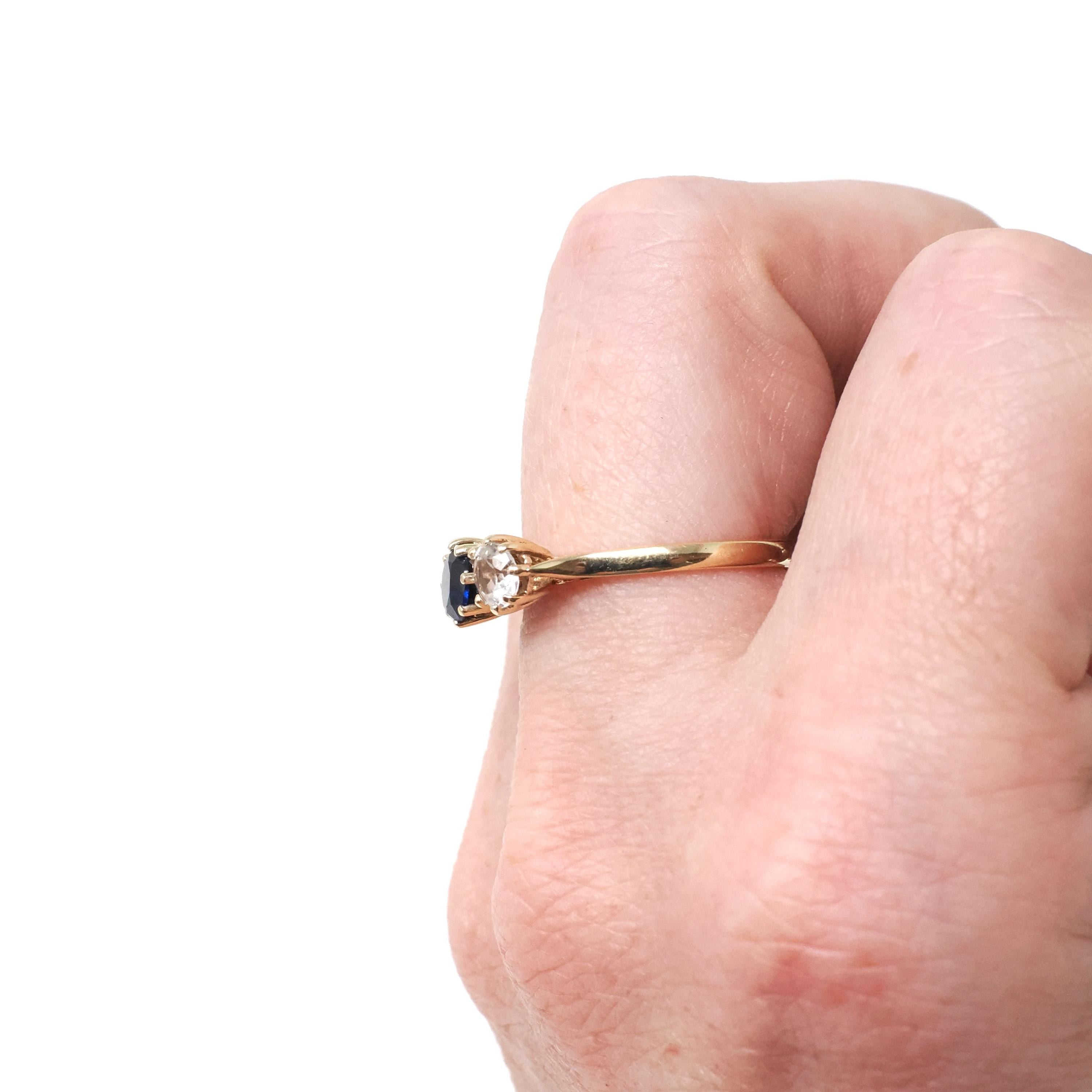 Vintage Three Stone Ring - Retro 9k Yellow Gold Created Blue Sapphire White Spinel Band - Hallmarked 1974 Size 6 3/4 Engagement Fine Jewelry