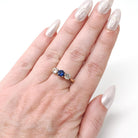 Vintage Three Stone Ring - Retro 9k Yellow Gold Created Blue Sapphire White Spinel Band - Hallmarked 1974 Size 6 3/4 Engagement Fine Jewelry