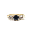 Vintage Three Stone Ring - Retro 9k Yellow Gold Created Blue Sapphire White Spinel Band - Hallmarked 1974 Size 6 3/4 Engagement Fine Jewelry