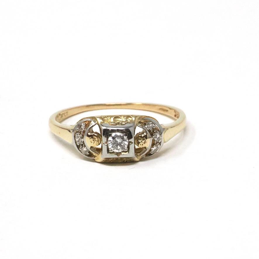 Vintage Diamond Ring - Mid Century 14k Yellow & White Gold Two Tone Natural .13 CTW Engagement - Circa 1960s Size 7.5 Crescent Moon Jewelry