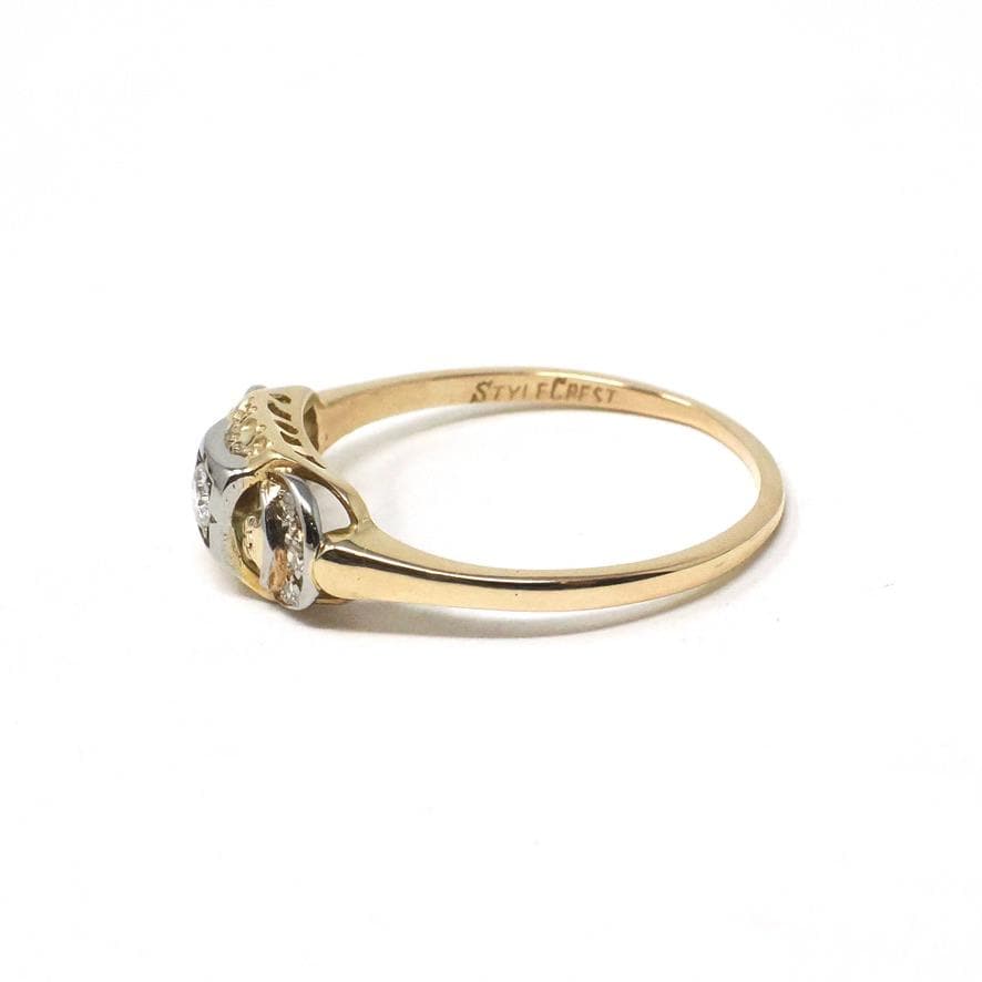 Vintage Diamond Ring - Mid Century 14k Yellow & White Gold Two Tone Natural .13 CTW Engagement - Circa 1960s Size 7.5 Crescent Moon Jewelry