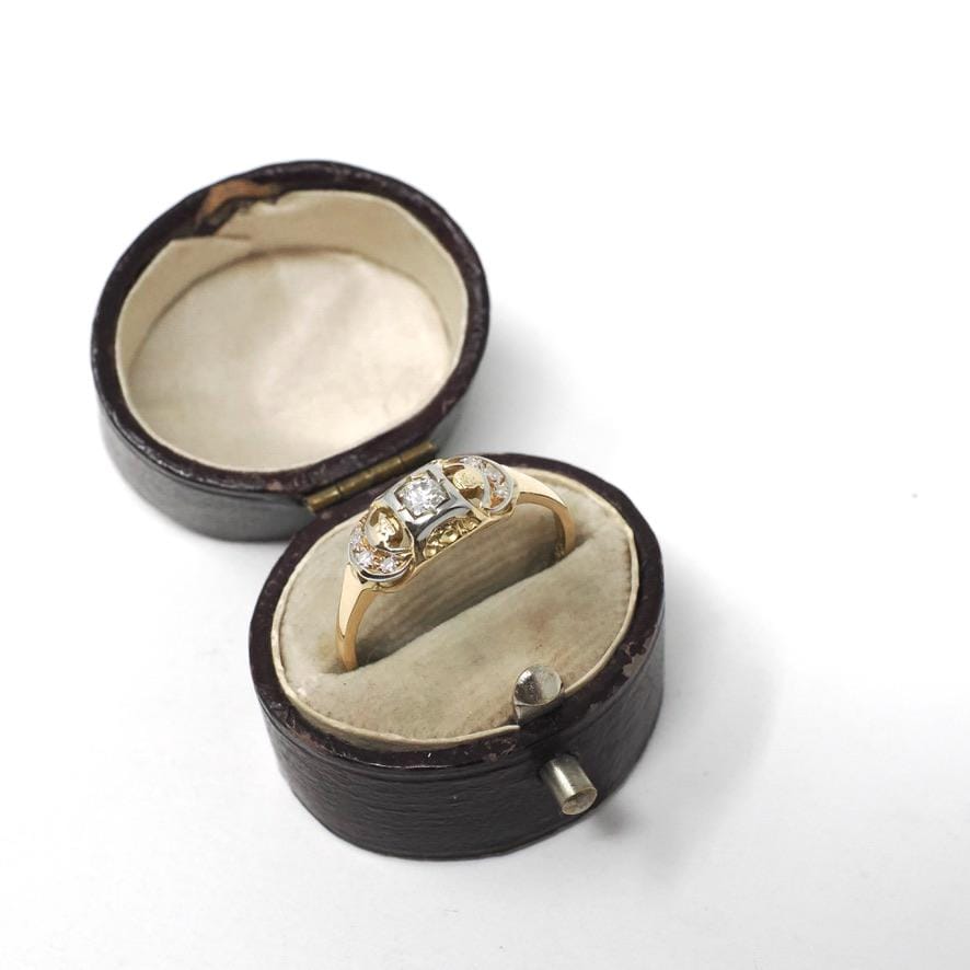 Vintage Diamond Ring - Mid Century 14k Yellow & White Gold Two Tone Natural .13 CTW Engagement - Circa 1960s Size 7.5 Crescent Moon Jewelry