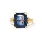 Created Blue Sapphire Ring - Mid Century 14k Yellow Gold Emerald Cut Gemstone - Circa 40s Size 7 Statement Solitaire Fine Birthstone Jewelry