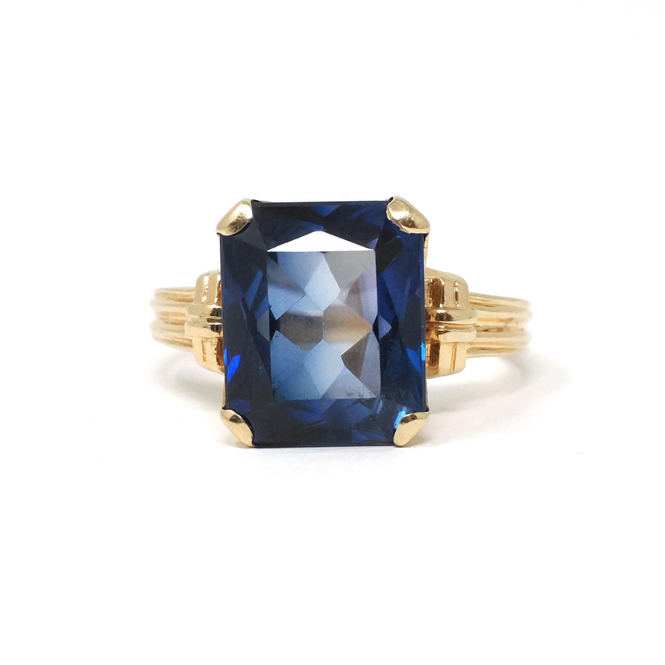 Created Blue Sapphire Ring - Mid Century 14k Yellow Gold Emerald Cut Gemstone - Circa 40s Size 7 Statement Solitaire Fine Birthstone Jewelry
