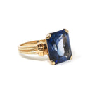 Created Blue Sapphire Ring - Mid Century 14k Yellow Gold Emerald Cut Gemstone - Circa 40s Size 7 Statement Solitaire Fine Birthstone Jewelry