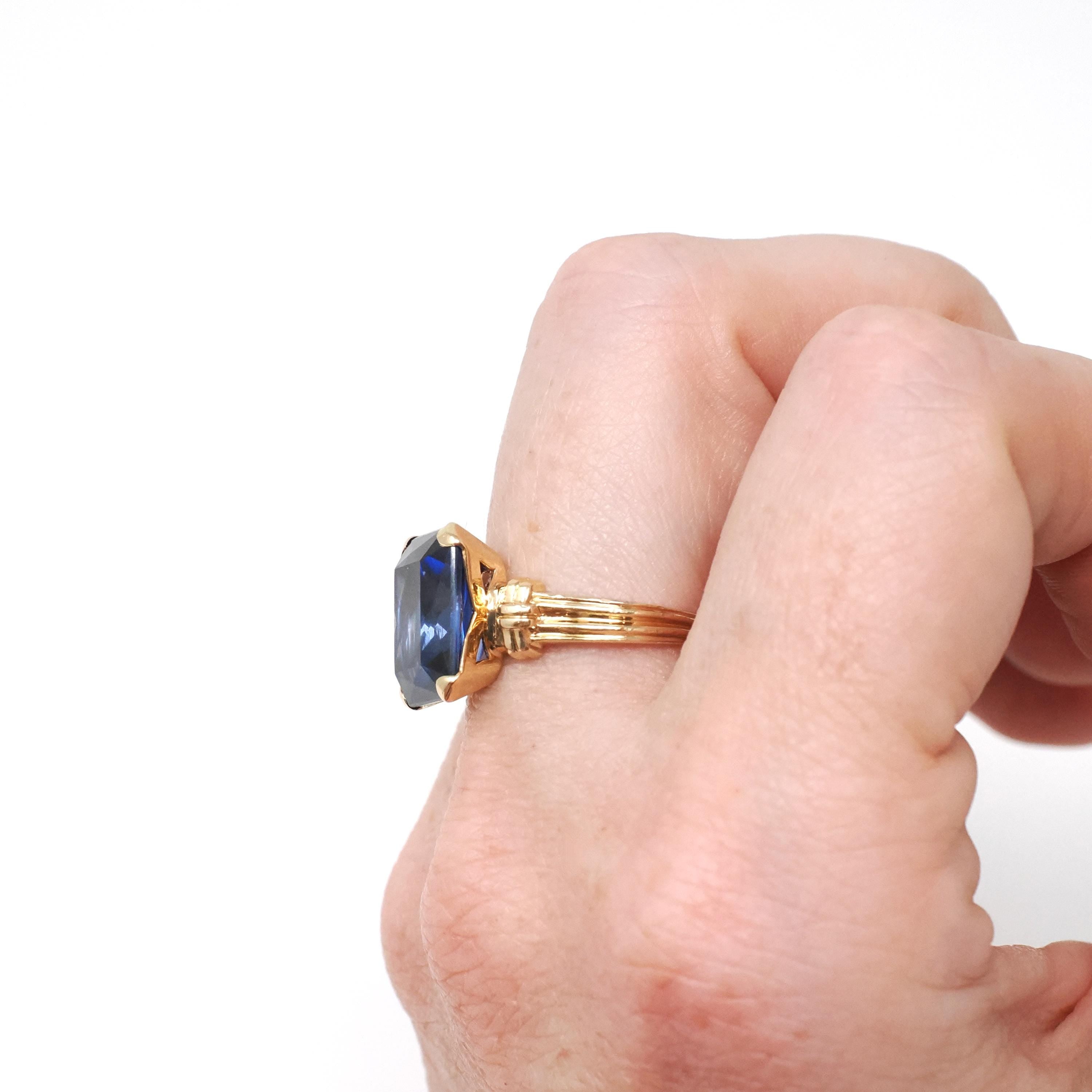 Created Blue Sapphire Ring - Mid Century 14k Yellow Gold Emerald Cut Gemstone - Circa 40s Size 7 Statement Solitaire Fine Birthstone Jewelry