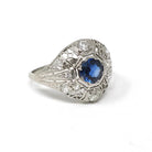Antique Art Deco Ring - Vintage Platinum Filigree Natural Diamonds & Created Blue Sapphire Dome Engagement - Circa 1920s Size 7 Fine Jewelry