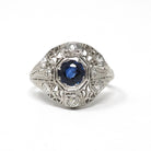 Antique Art Deco Ring - Vintage Platinum Filigree Natural Diamonds & Created Blue Sapphire Dome Engagement - Circa 1920s Size 7 Fine Jewelry