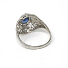 Antique Art Deco Ring - Vintage Platinum Filigree Natural Diamonds & Created Blue Sapphire Dome Engagement - Circa 1920s Size 7 Fine Jewelry