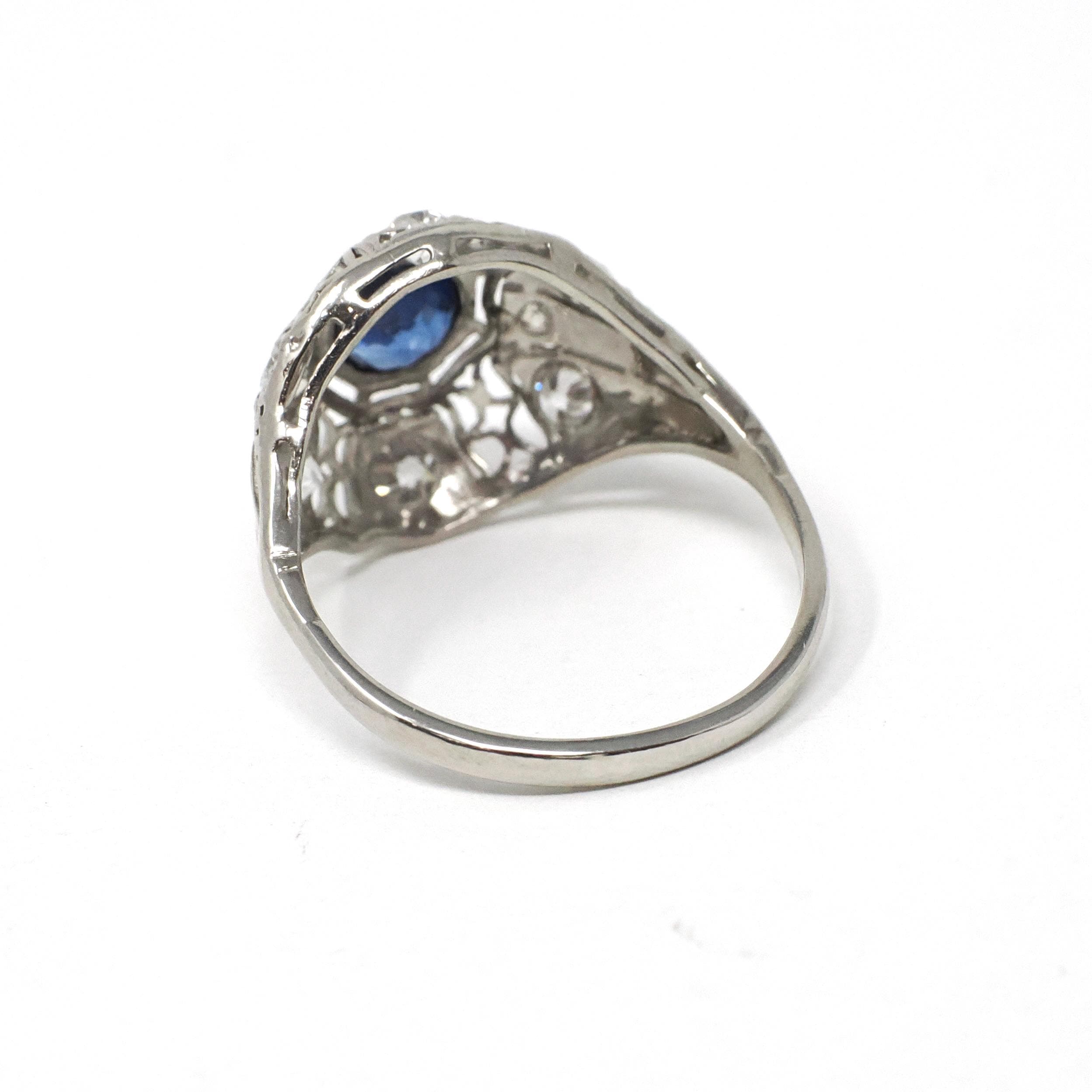 Antique Art Deco Ring - Vintage Platinum Filigree Natural Diamonds & Created Blue Sapphire Dome Engagement - Circa 1920s Size 7 Fine Jewelry
