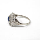 Antique Art Deco Ring - Vintage Platinum Filigree Natural Diamonds & Created Blue Sapphire Dome Engagement - Circa 1920s Size 7 Fine Jewelry