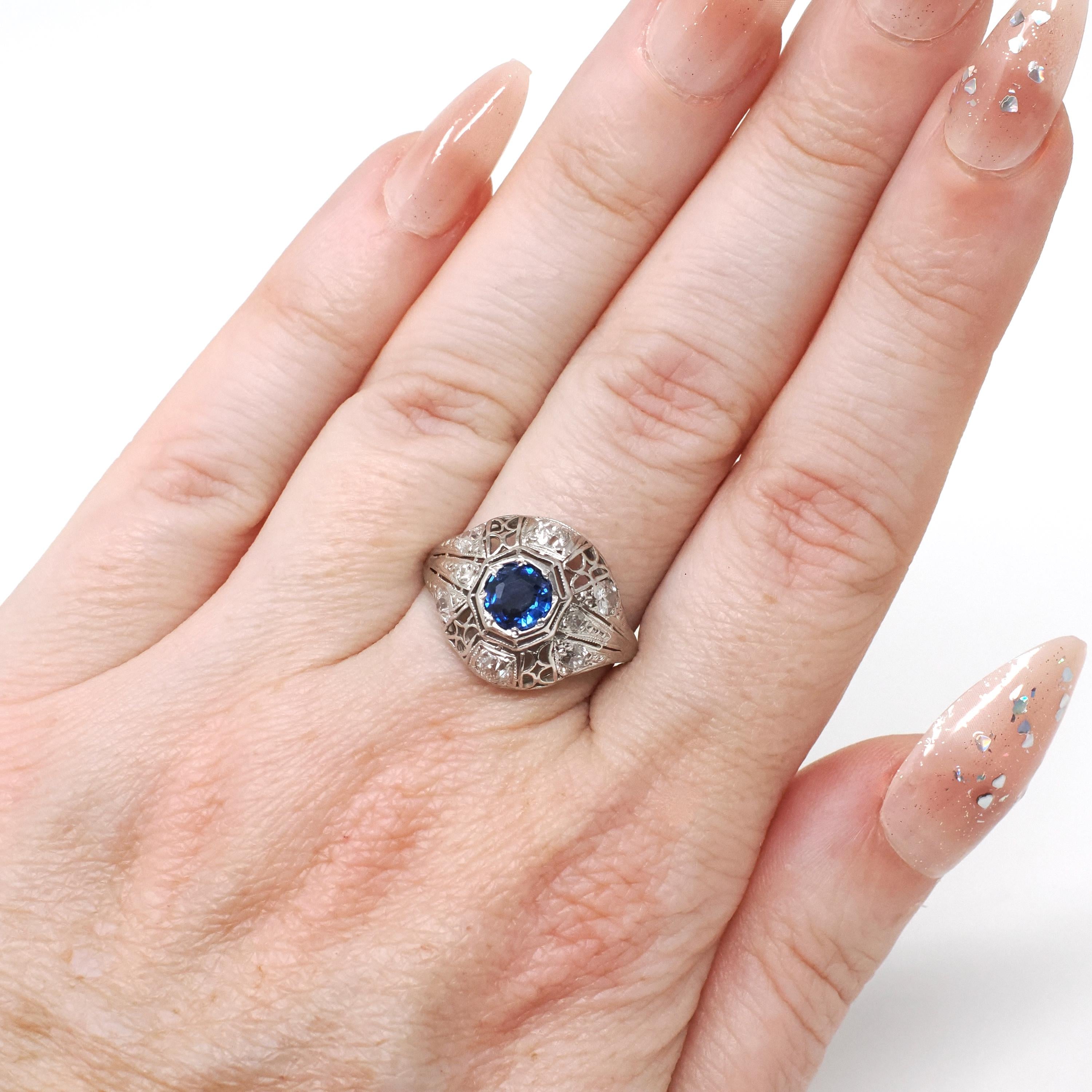 Antique Art Deco Ring - Vintage Platinum Filigree Natural Diamonds & Created Blue Sapphire Dome Engagement - Circa 1920s Size 7 Fine Jewelry