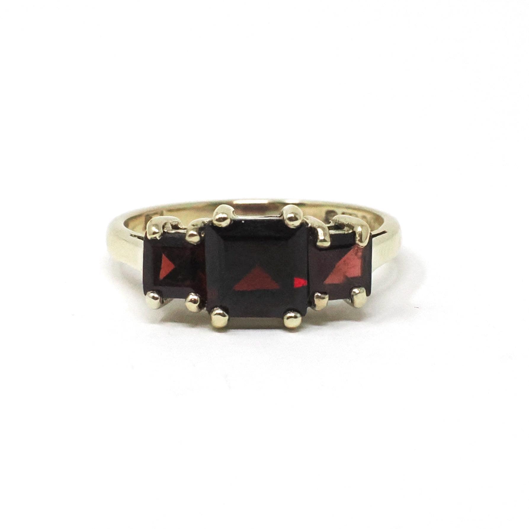 Three Stone Garnet Ring - Retro Era 9k Yellow Gold Square Step Cut Red Gemstones - Vintage Dated 1975 London England Size 5 1/2 Fine Jewelry