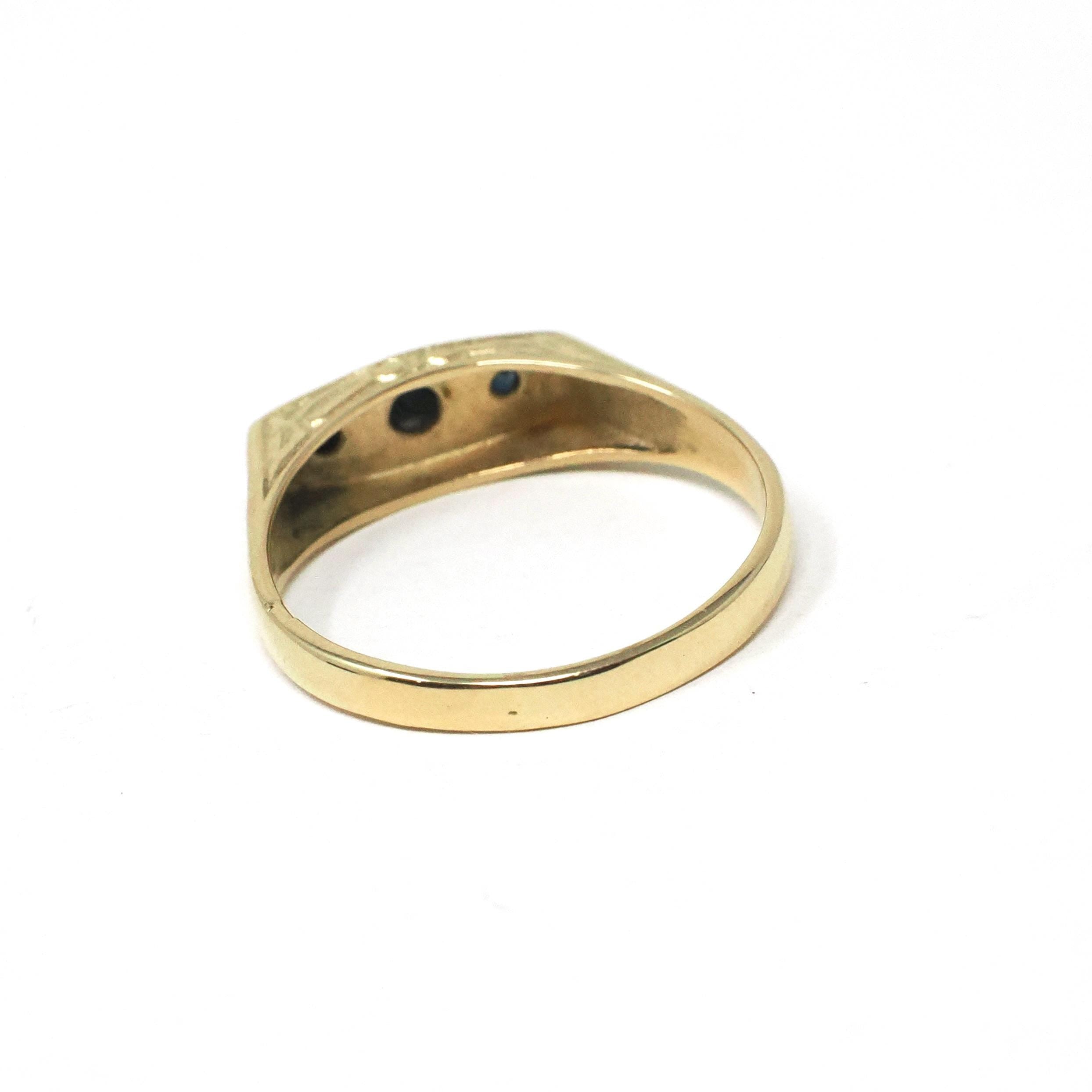 Vintage Style Sapphire Ring - Modern 14k Yellow Gold Three Blue Gemstone Band - Estate Size 6 1/2 Dainty Petite Unisex Wedding Fine Jewelry