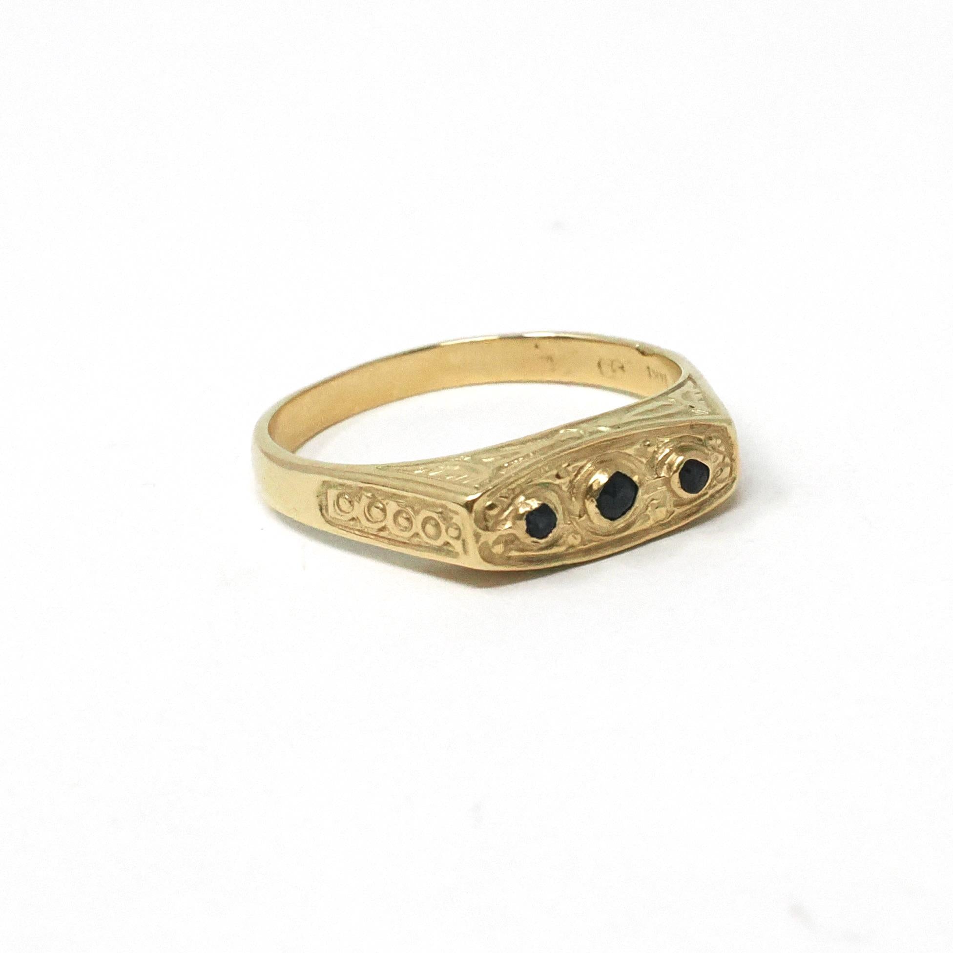 Vintage Style Sapphire Ring - Modern 14k Yellow Gold Three Blue Gemstone Band - Estate Size 6 1/2 Dainty Petite Unisex Wedding Fine Jewelry