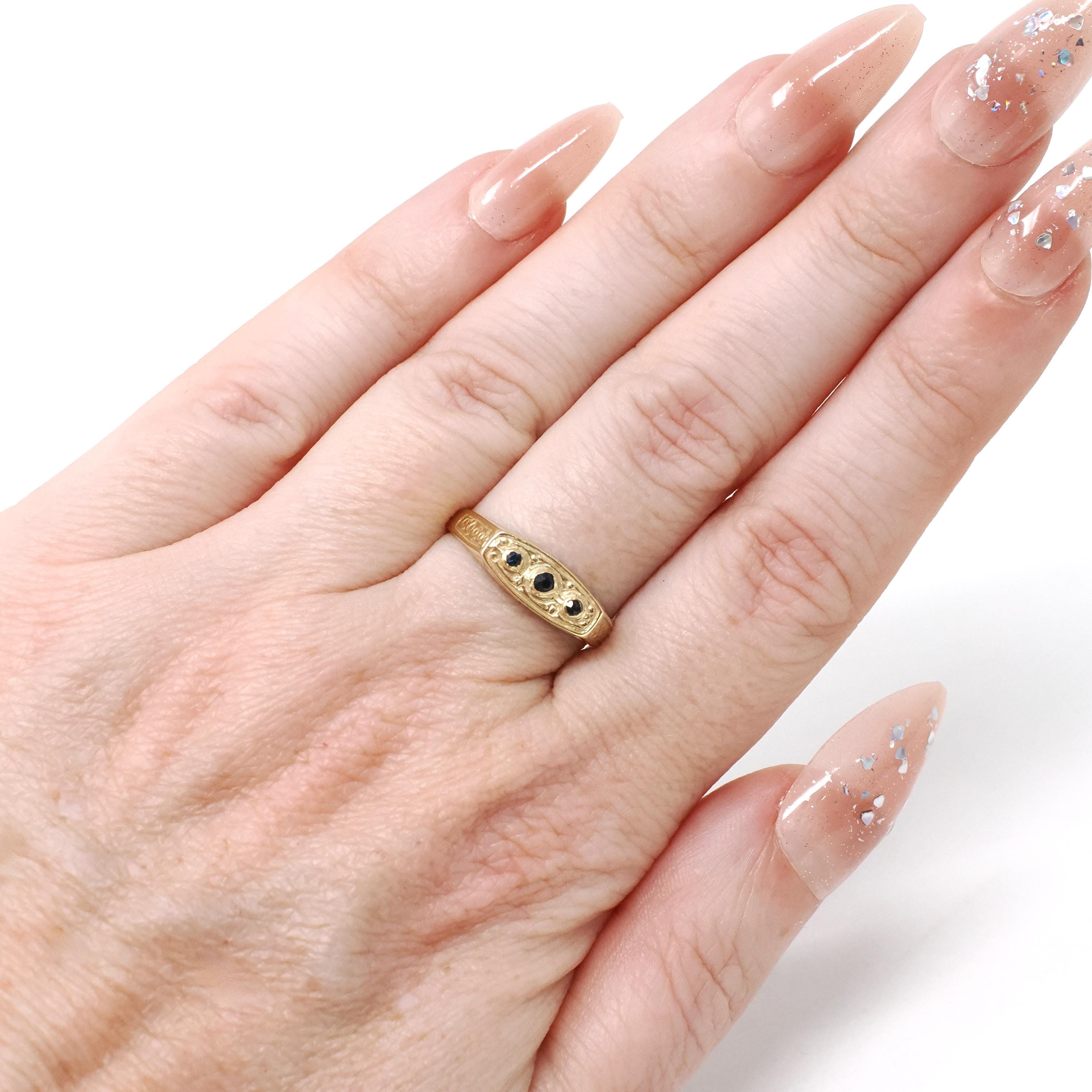 Vintage Style Sapphire Ring - Modern 14k Yellow Gold Three Blue Gemstone Band - Estate Size 6 1/2 Dainty Petite Unisex Wedding Fine Jewelry