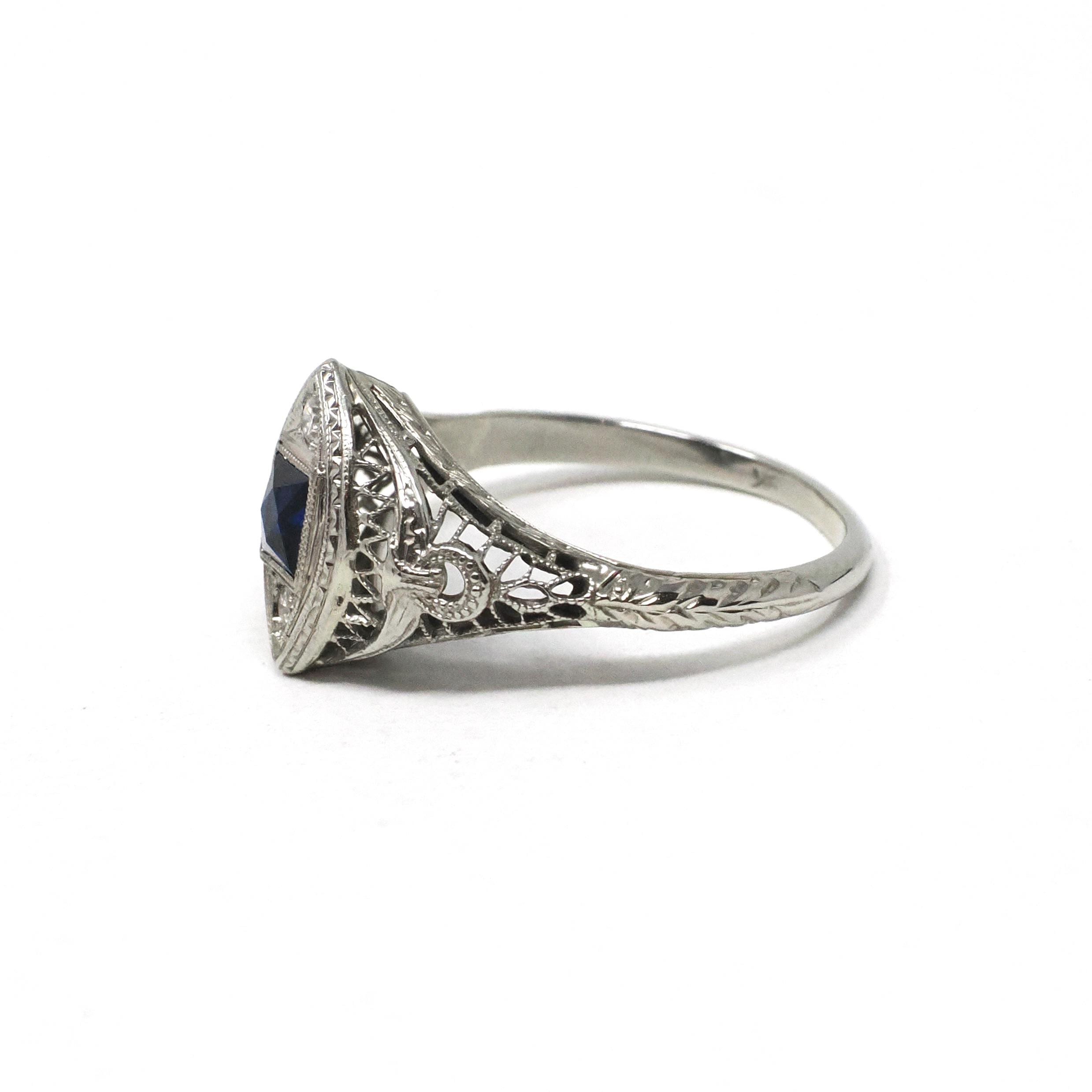 Art Deco Ring - Vintage 18k White Gold Created Sapphire & Simulated Diamonds - Circa 1920s Size 7 Filigree Fine Dainty Navette Jewelry