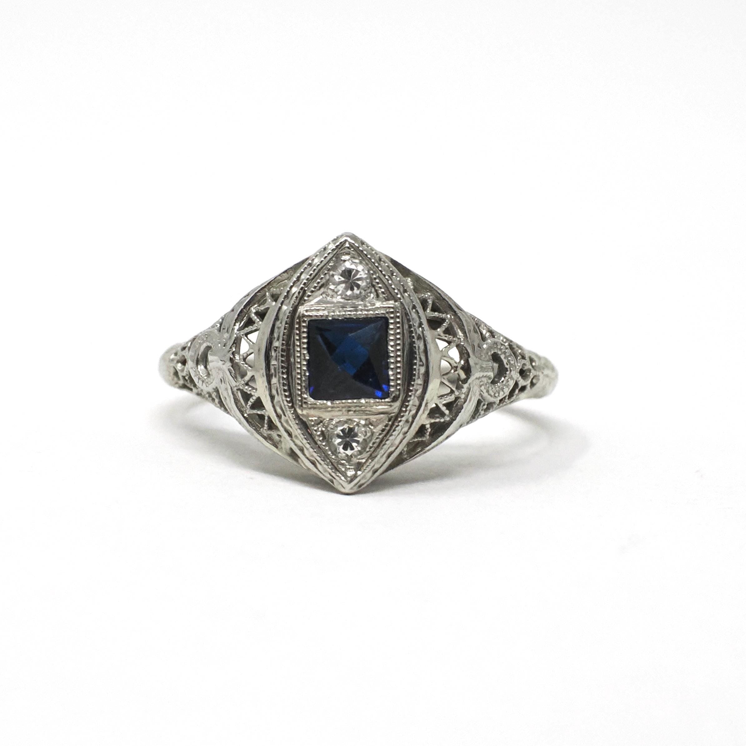 Art Deco Ring - Vintage 18k White Gold Created Sapphire & Simulated Diamonds - Circa 1920s Size 7 Filigree Fine Dainty Navette Jewelry
