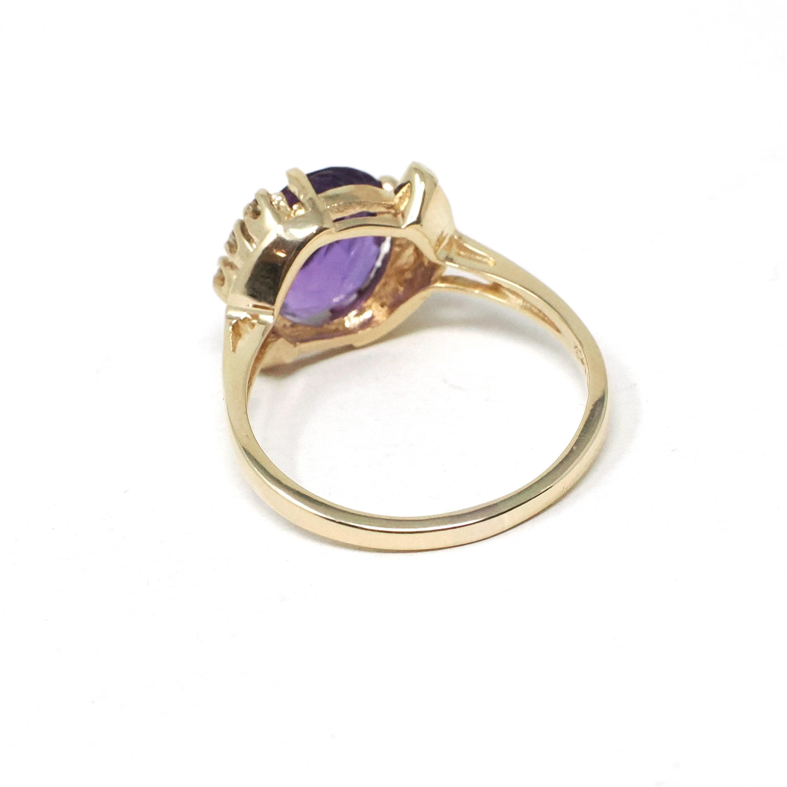 Amethyst & Diamond Ring - Estate 14k Yellow Gold Oval Purple 2.40 CT Gem - Circa 1980s Era Size 7.25 February Birthstone Fine Bypass Jewelry