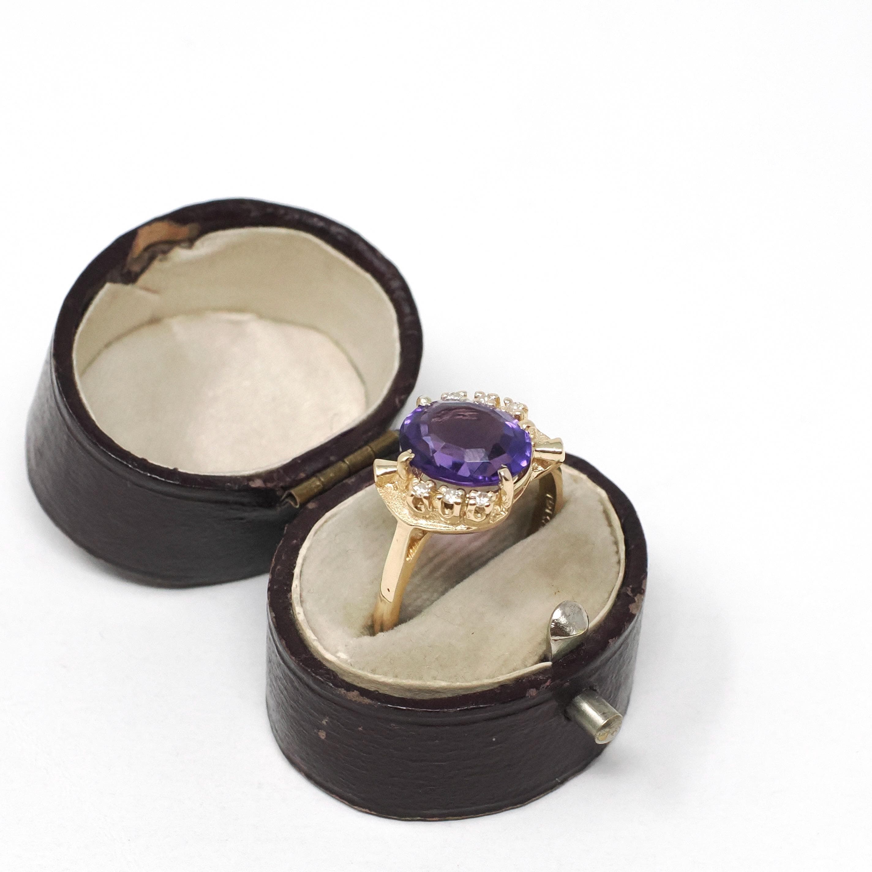 Amethyst & Diamond Ring - Estate 14k Yellow Gold Oval Purple 2.40 CT Gem - Circa 1980s Era Size 7.25 February Birthstone Fine Bypass Jewelry