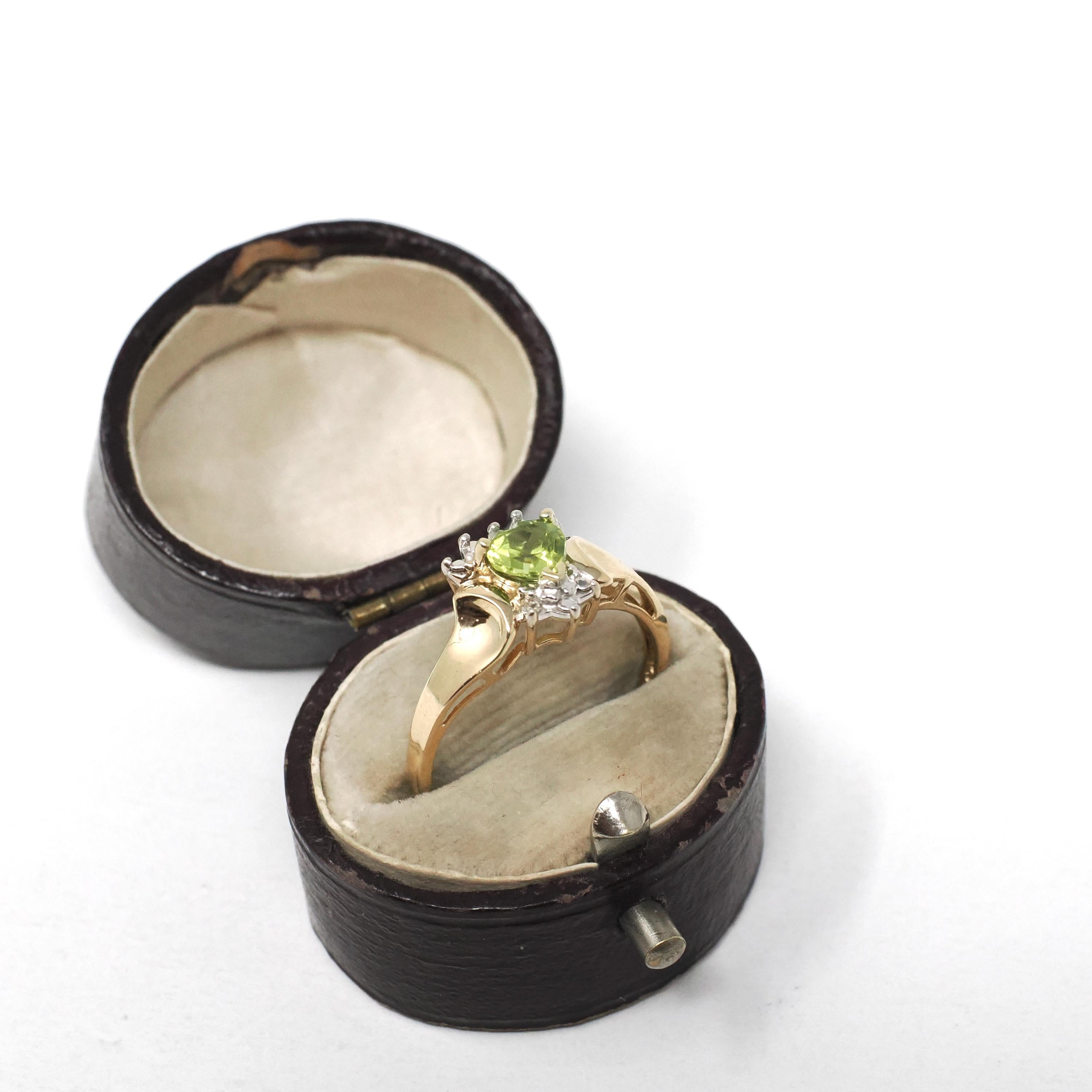 Peridot & Diamond Ring - Modern 10k Yellow And White Gold Light Green Heart Shaped Gemstone - Estate Size 6.5 August Birthstone Fine Jewelry