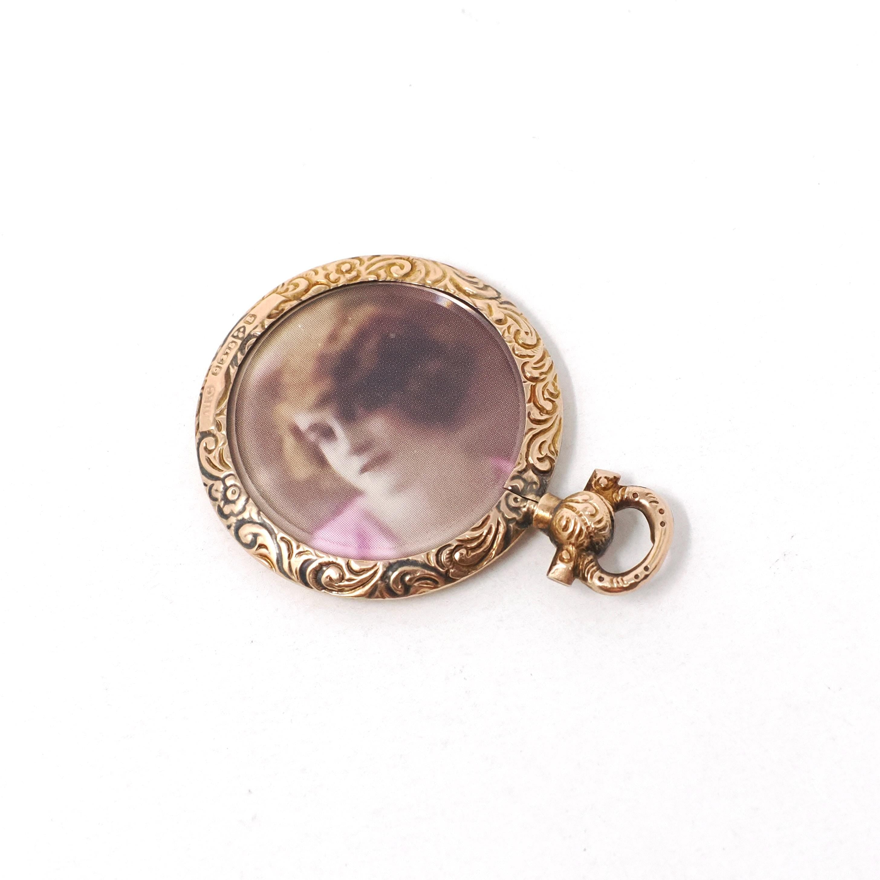 Antique Locket Fob - Edwardian Era 9K Rosy Yellow Gold Round Glass Pendant Necklace - Two Side Memory Photo Portrait Keepsake Charm Jewelry