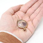 Antique Locket Fob - Edwardian Era 9K Rosy Yellow Gold Round Glass Pendant Necklace - Two Side Memory Photo Portrait Keepsake Charm Jewelry