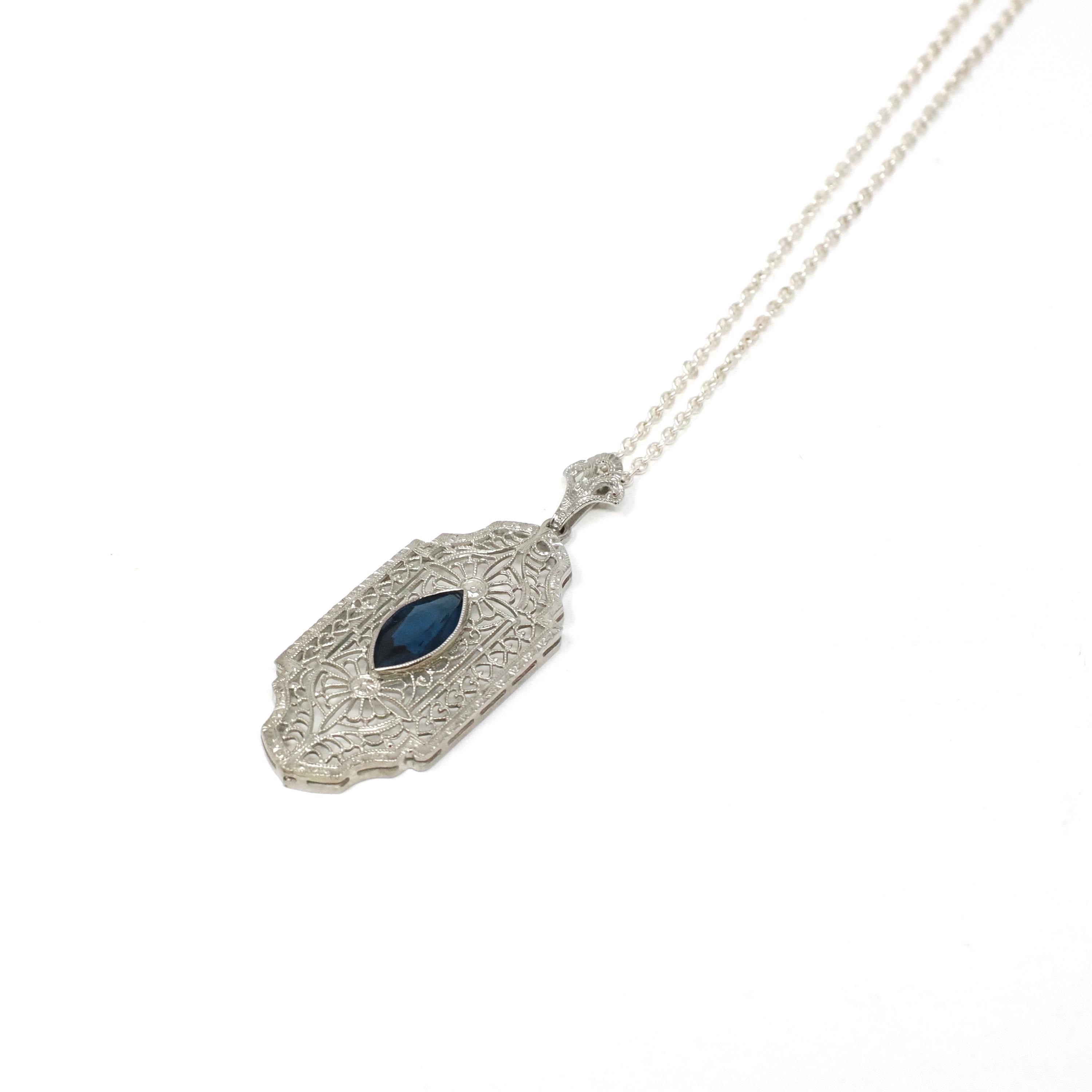 Art Deco Filigree Pendant - Vintage 10k White Gold Marquise Cut Simulated Blue Sapphire Gem - Circa 1930s Era Glass Fine Flapper Jewelry