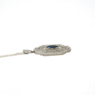 Art Deco Filigree Pendant - Vintage 10k White Gold Marquise Cut Simulated Blue Sapphire Gem - Circa 1930s Era Glass Fine Flapper Jewelry
