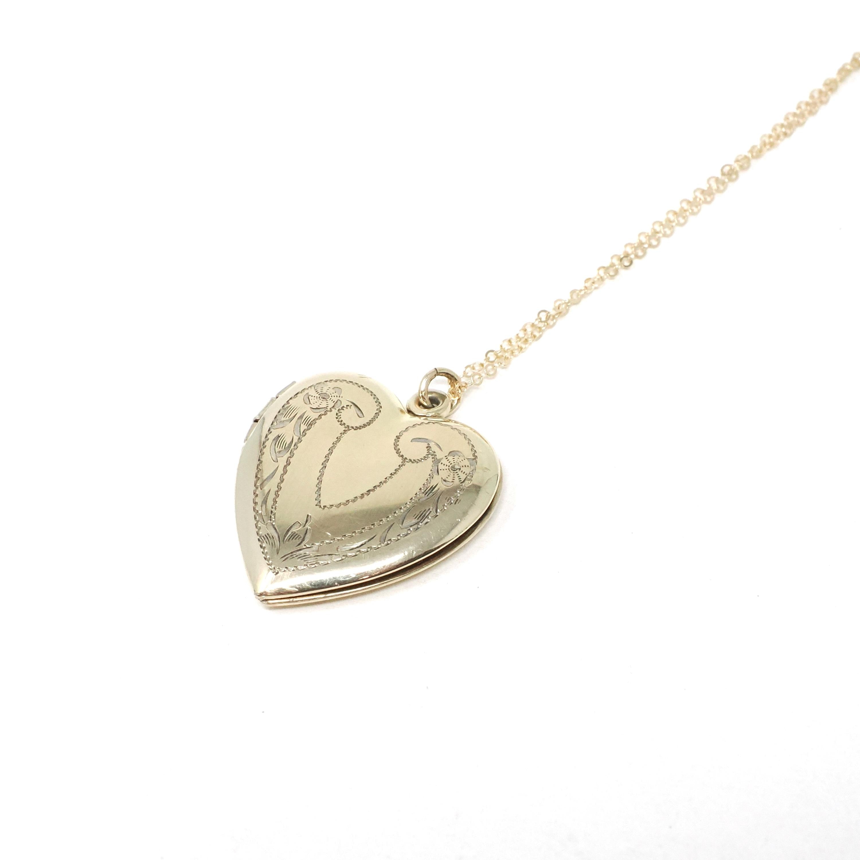 Vintage Heart Locket - Mid Century Gold Filled On Sterling Engraved Flowers Designs Pendant Necklace - Circa 1940s Floral Statement Jewelry
