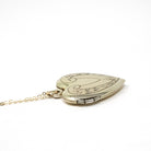 Vintage Heart Locket - Mid Century Gold Filled On Sterling Engraved Flowers Designs Pendant Necklace - Circa 1940s Floral Statement Jewelry